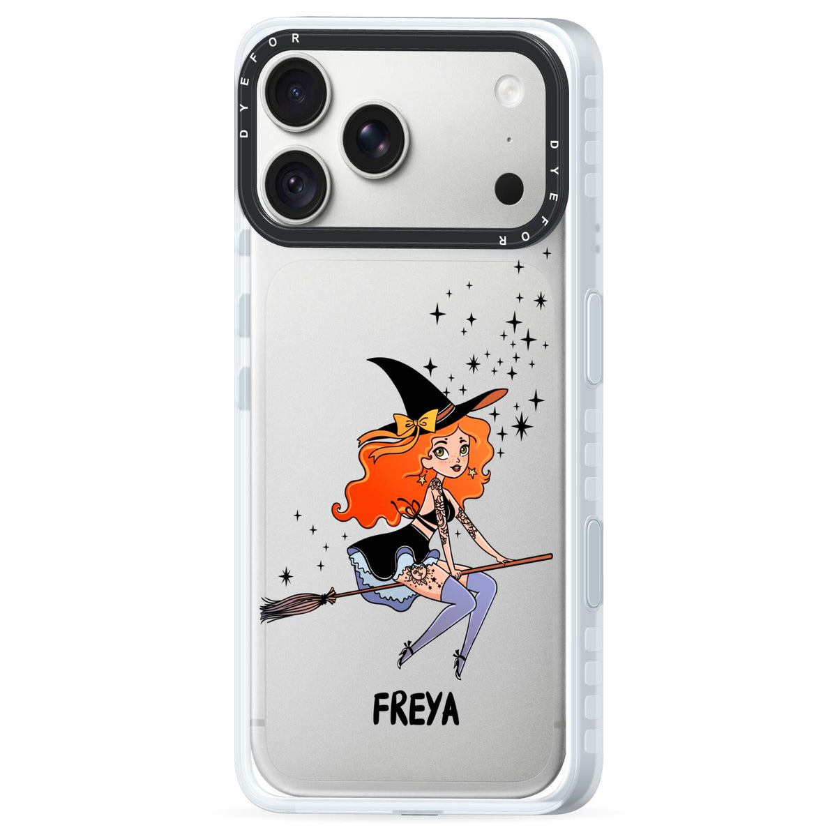 Orange Haired Personalised Witch iPhone 18 Pro Max Black Impact Pre order Case Side Angle on Silver phone