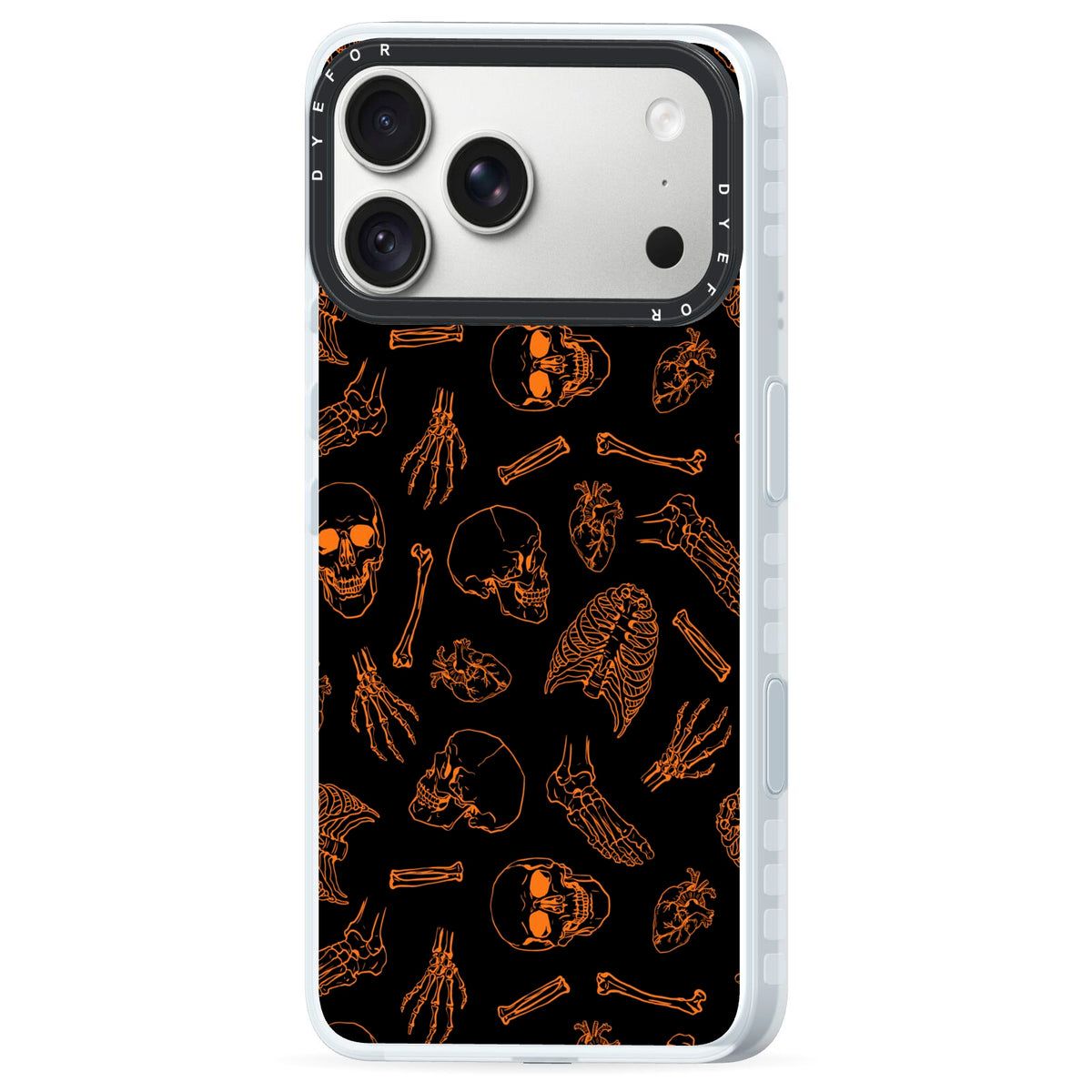 Orange Skeleton Illustrations iPhone 18 Pro Black Impact Pre order Case Side Angle on Silver phone