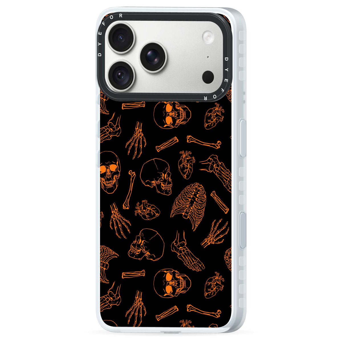 Orange Skeleton Illustrations iPhone 18 Pro Max Black Impact Pre order Case Side Angle on Silver phone