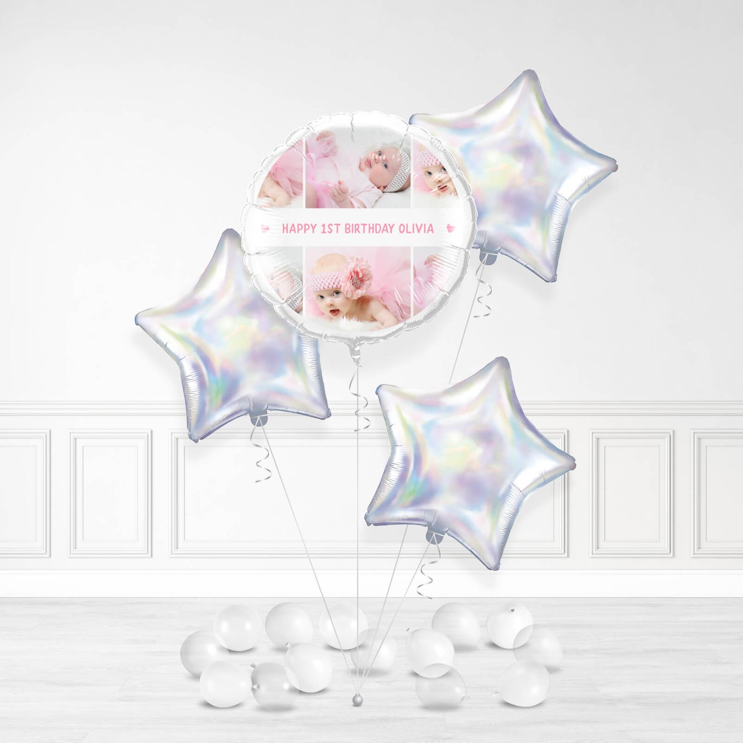 Personalisierter rosa 1. Geburtstagsdruck mit Foto- und Namensballon