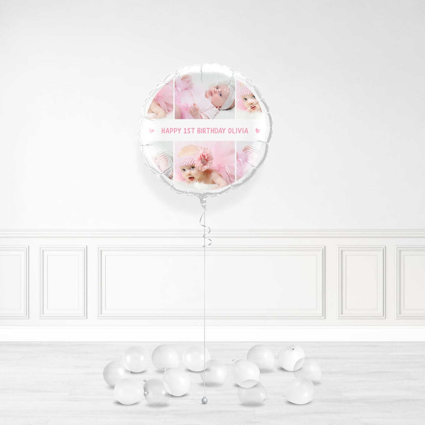 Personalised Pink 1st Birthday Print with Photo and Name Balloon