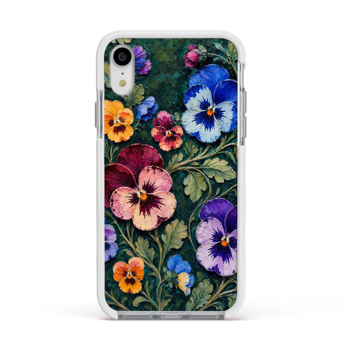 Pansy Parade Apple iPhone XR Impact Case White Edge on Silver Phone