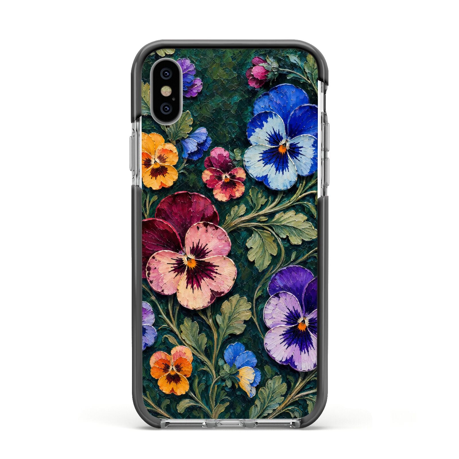 Pansy Parade Apple iPhone Xs Impact Case Black Edge on Silver Phone