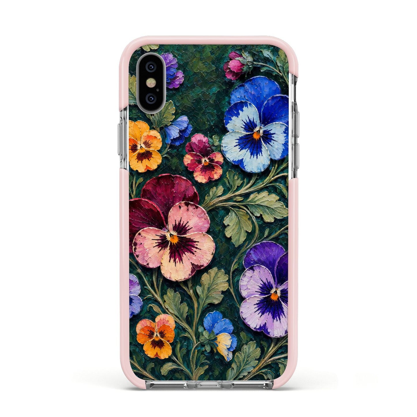 Pansy Parade Apple iPhone Xs Impact Case Pink Edge on Silver Phone