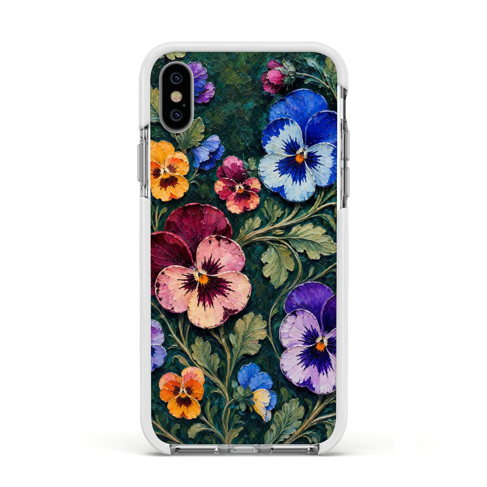 Pansy Parade Apple iPhone Xs Impact Case White Edge on Silver Phone