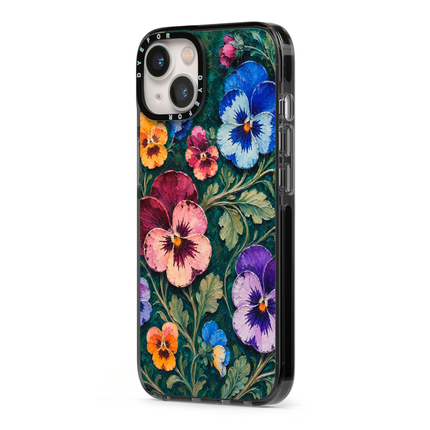 Pansy Parade iPhone 13 Black Impact Case Side Angle on Silver phone