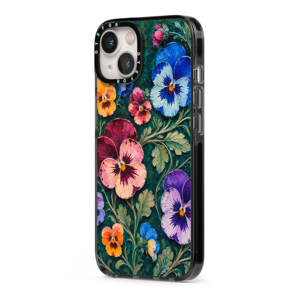 Pansy Parade iPhone 13 Black Impact Case Side Angle on Silver phone