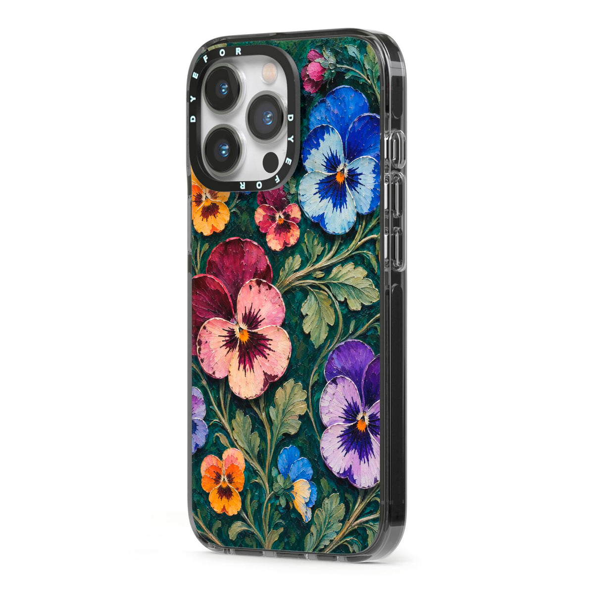 Pansy Parade iPhone 13 Pro Black Impact Case Side Angle on Silver phone