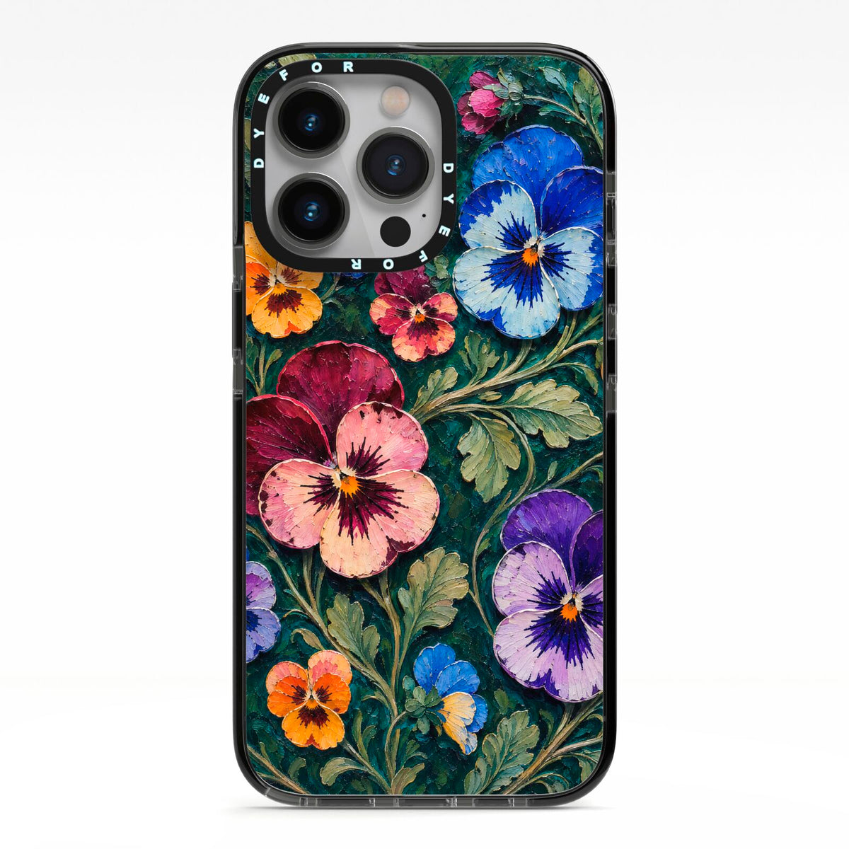 Pansy Parade iPhone 13 Pro Black Impact Case on Silver phone