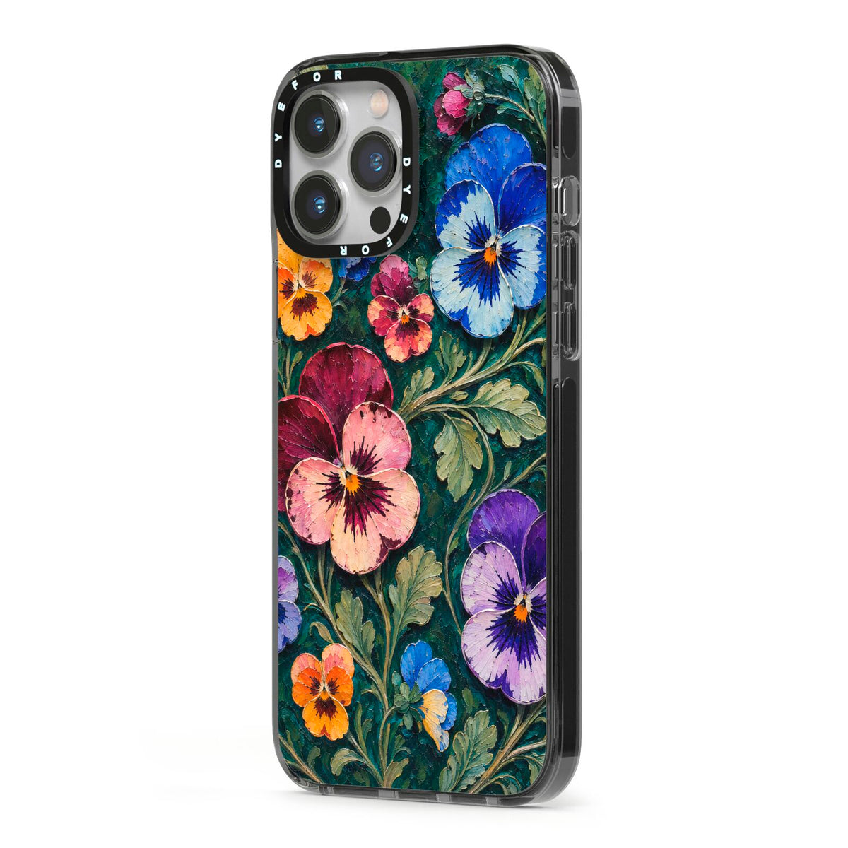 Pansy Parade iPhone 13 Pro Max Black Impact Case Side Angle on Silver phone