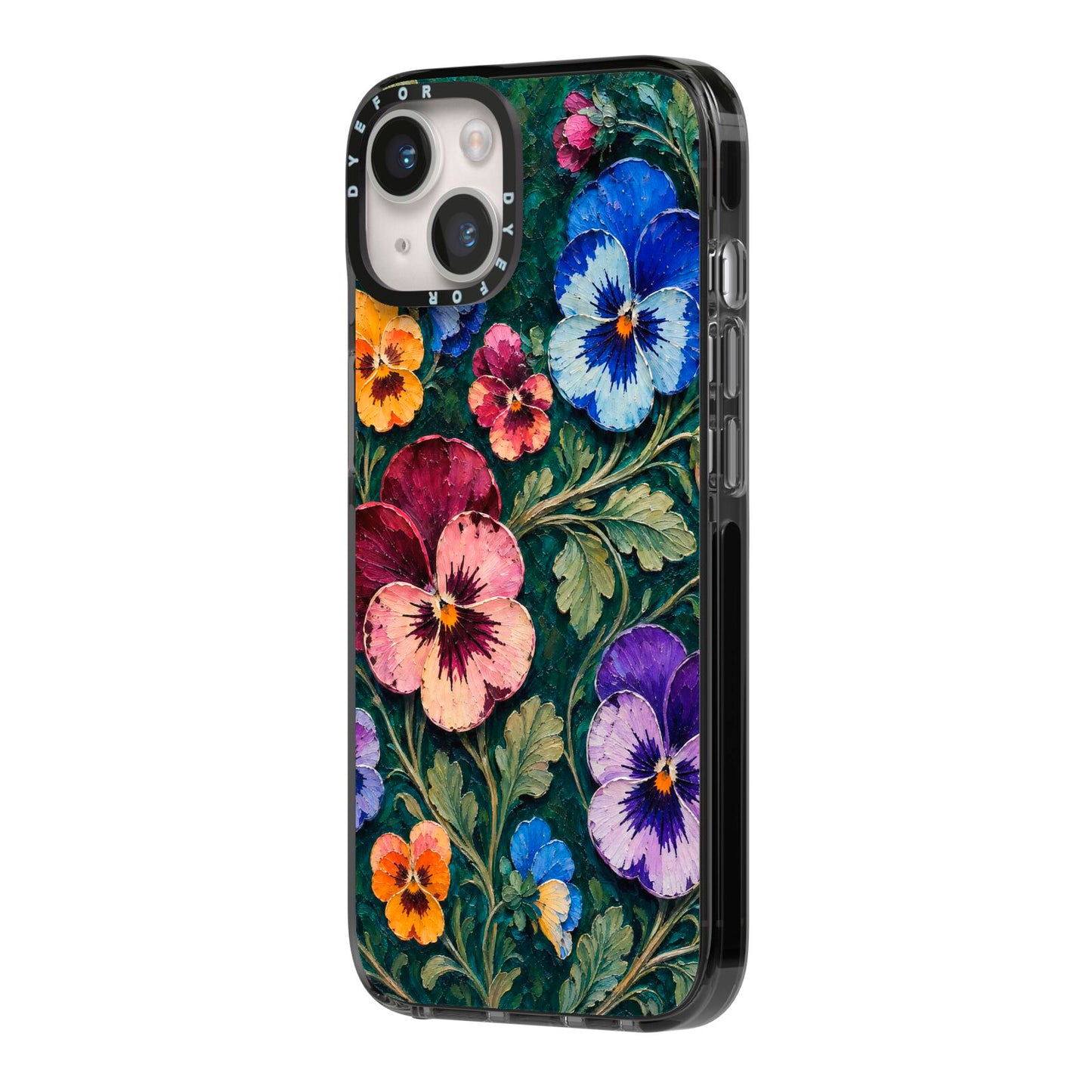 Pansy Parade iPhone 14 Black Impact Case Side Angle on Silver phone