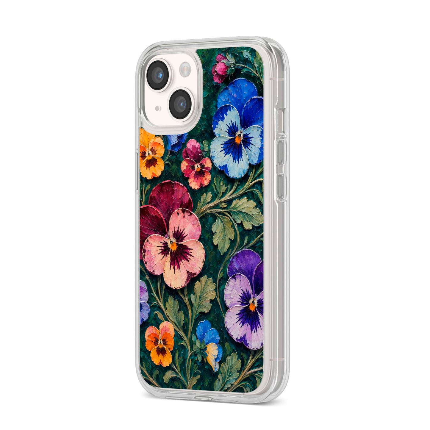 Pansy Parade iPhone 14 Clear Tough Case Starlight Angled Image