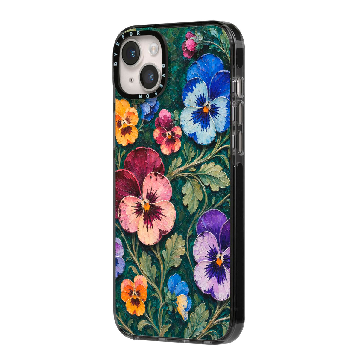 Pansy Parade iPhone 14 Plus Black Impact Case Side Angle on Silver phone