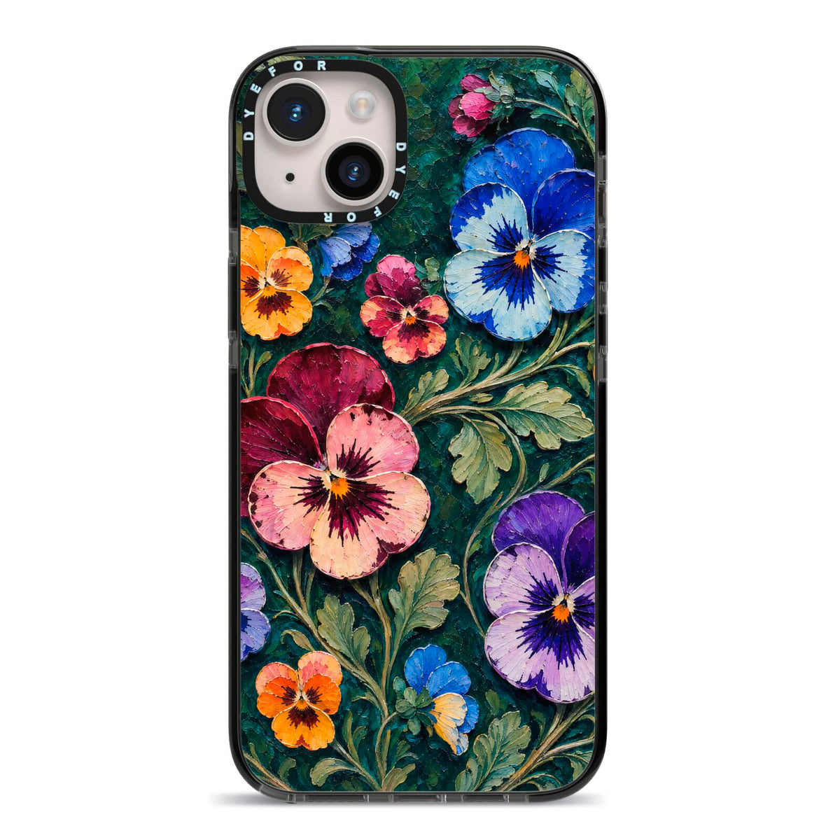 Pansy Parade iPhone 14 Plus Black Impact Case on Silver phone