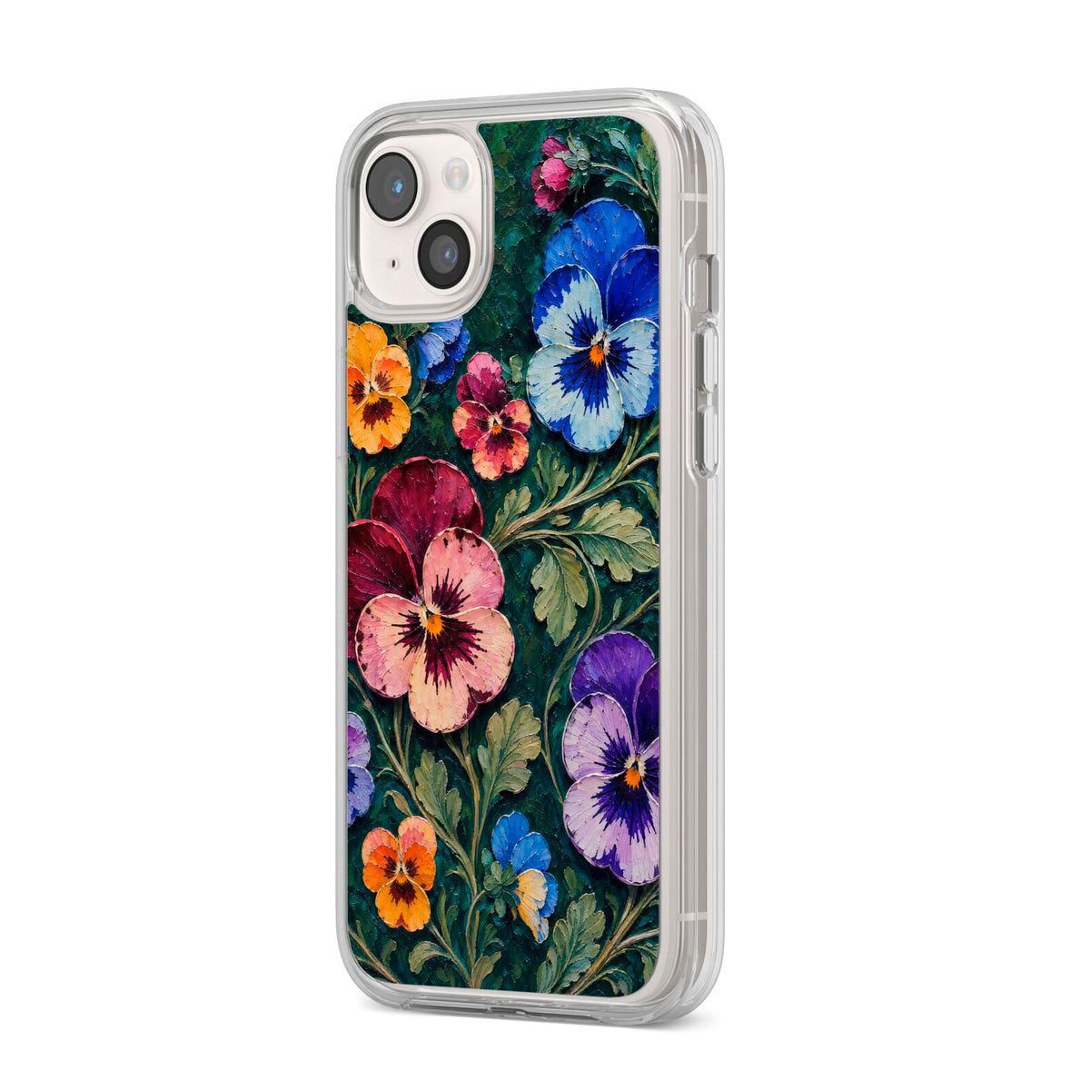 Pansy Parade iPhone 14 Plus Clear Tough Case Starlight Angled Image