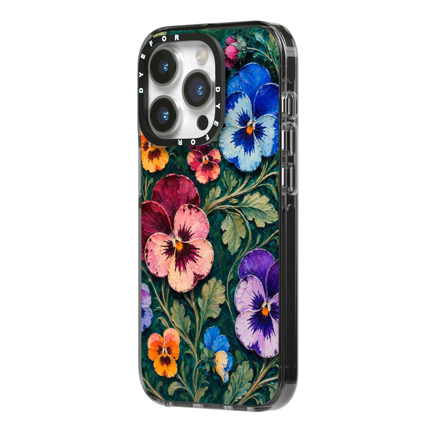 Pansy Parade iPhone 14 Pro Black Impact Case Side Angle on Silver phone