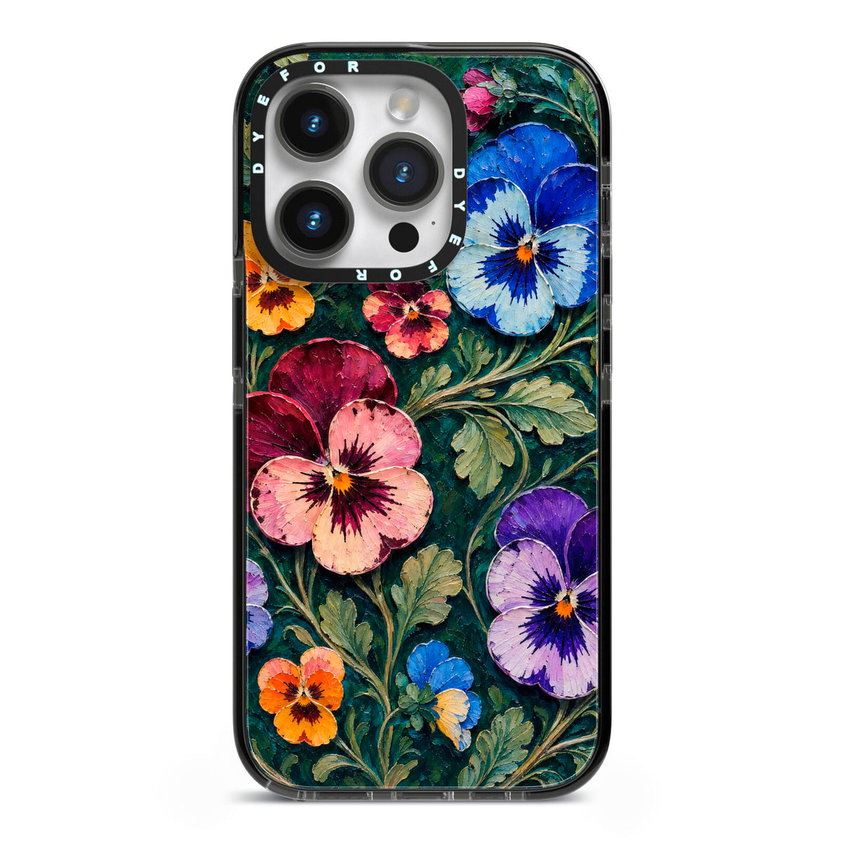 Pansy Parade iPhone 14 Pro Black Impact Case on Silver phone