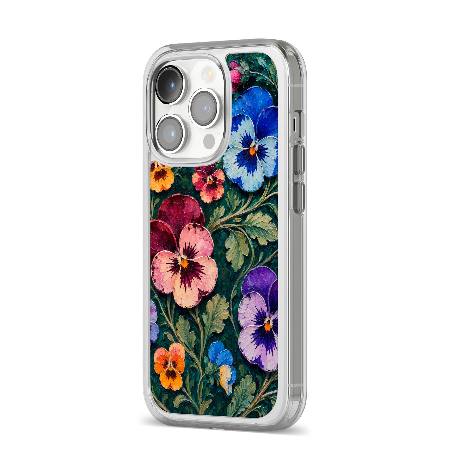 Pansy Parade iPhone 14 Pro Clear Tough Case Silver Angled Image