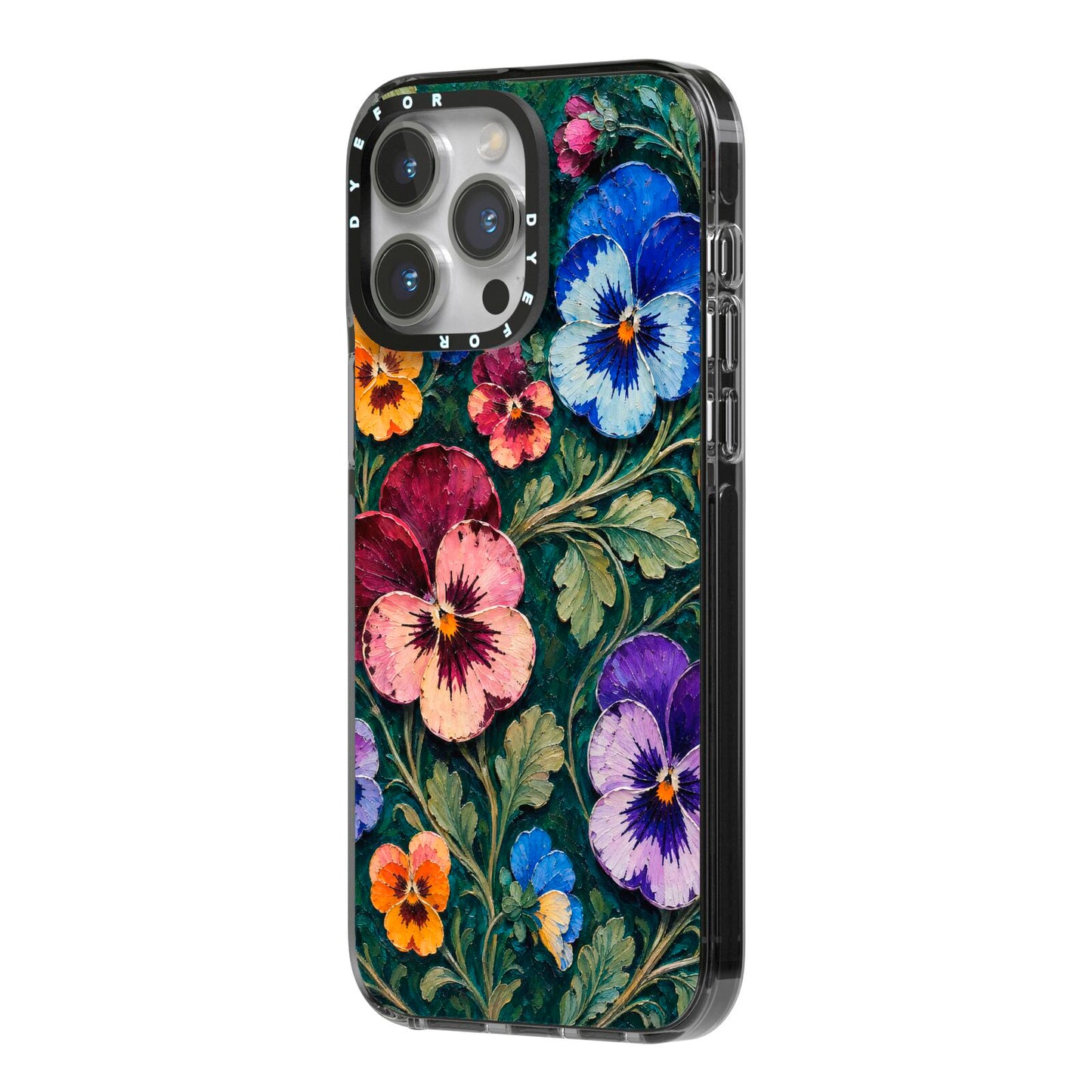 Pansy Parade iPhone 14 Pro Max Black Impact Case Side Angle on Silver phone
