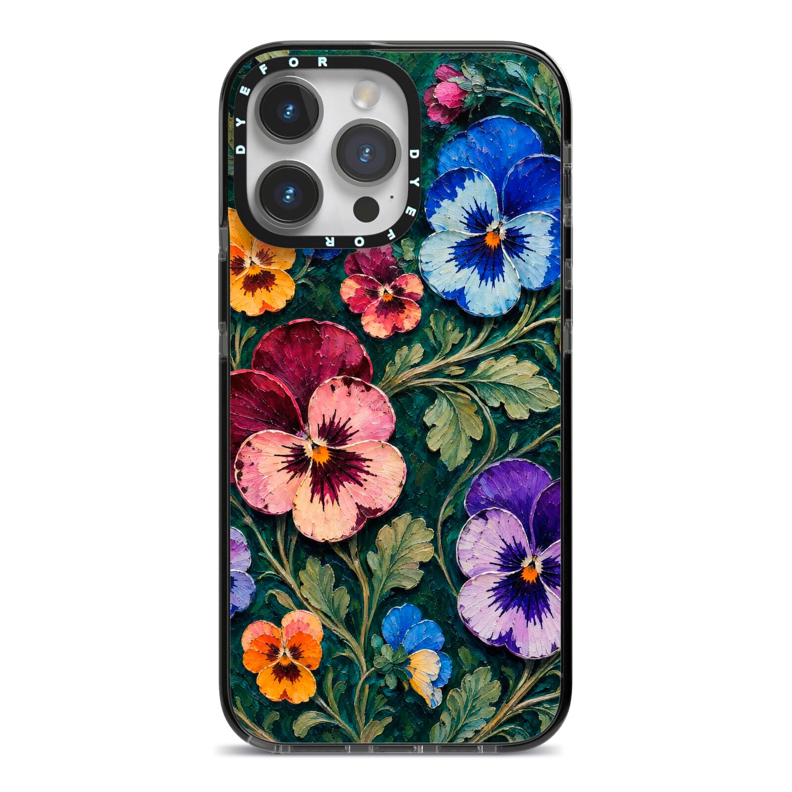 Pansy Parade iPhone 14 Pro Max Black Impact Case on Silver phone