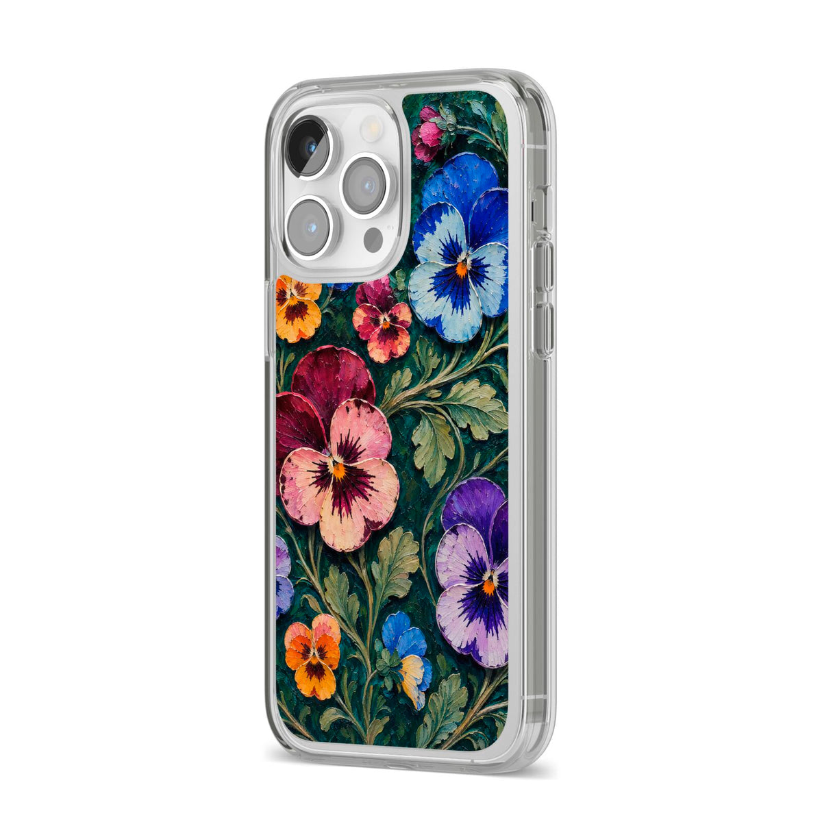 Pansy Parade iPhone 14 Pro Max Clear Tough Case Silver Angled Image