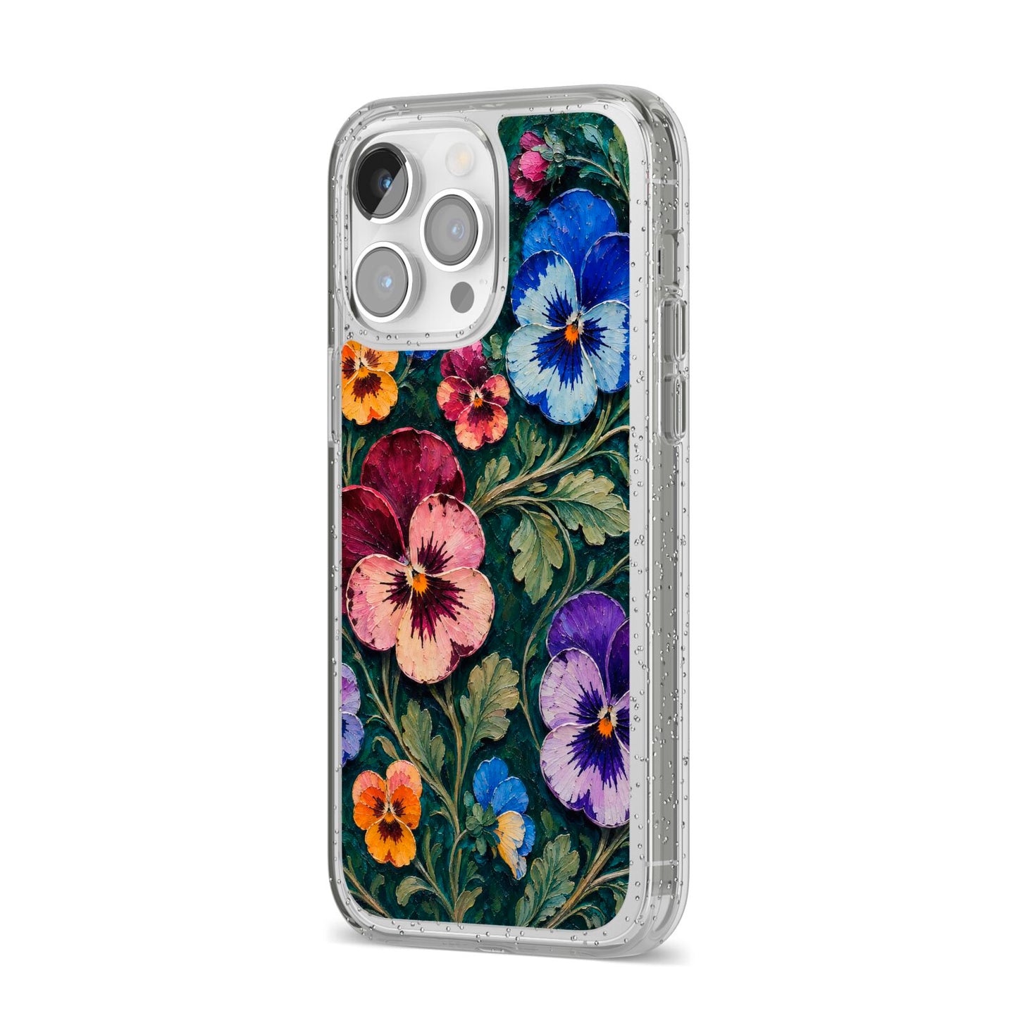 Pansy Parade iPhone 14 Pro Max Glitter Tough Case Silver Angled Image