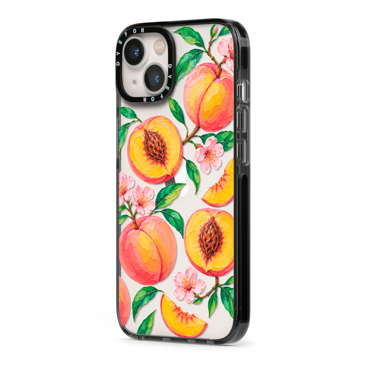 Peach Sorbet iPhone 13 Black Impact Case Side Angle on Silver phone
