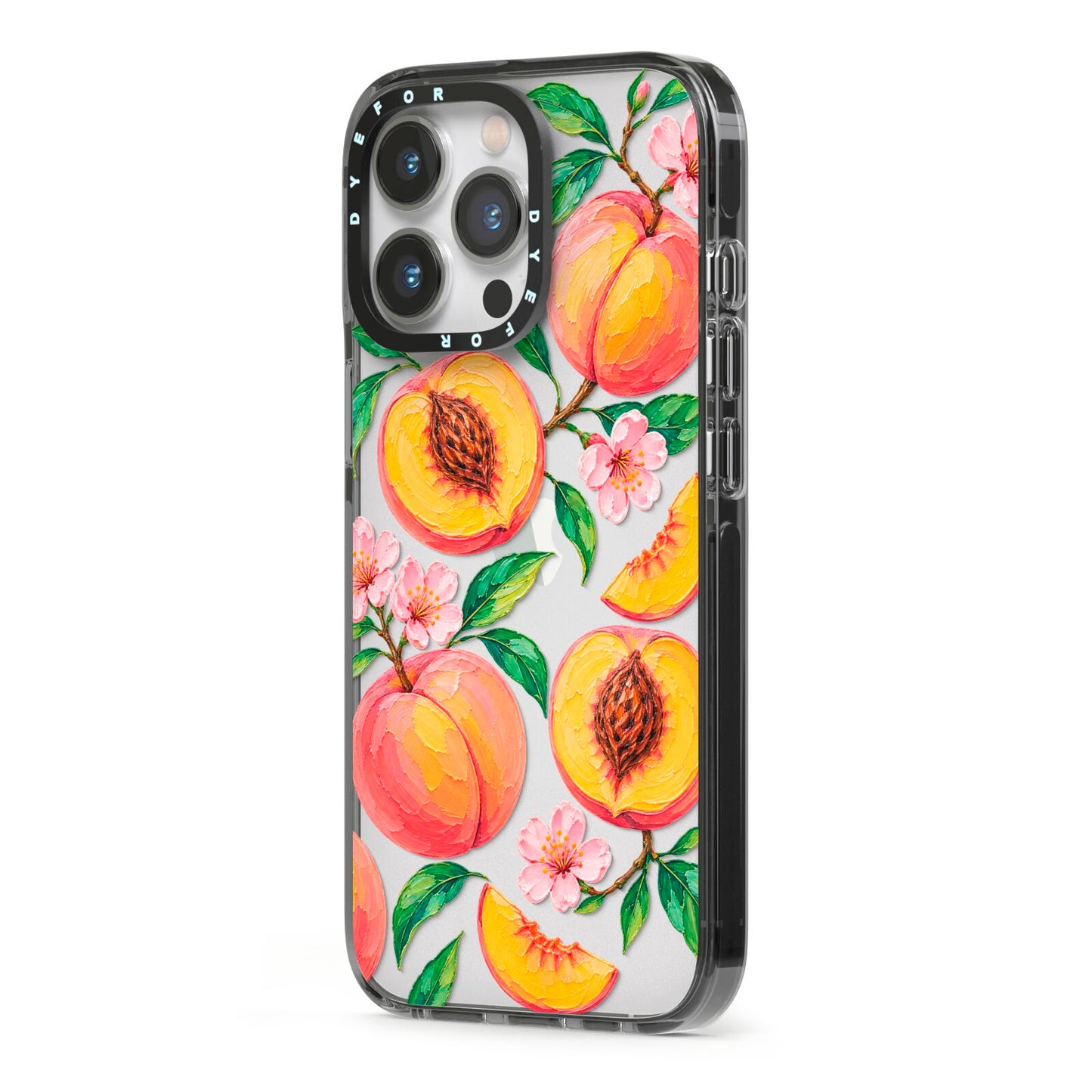Peach Sorbet iPhone 13 Pro Black Impact Case Side Angle on Silver phone