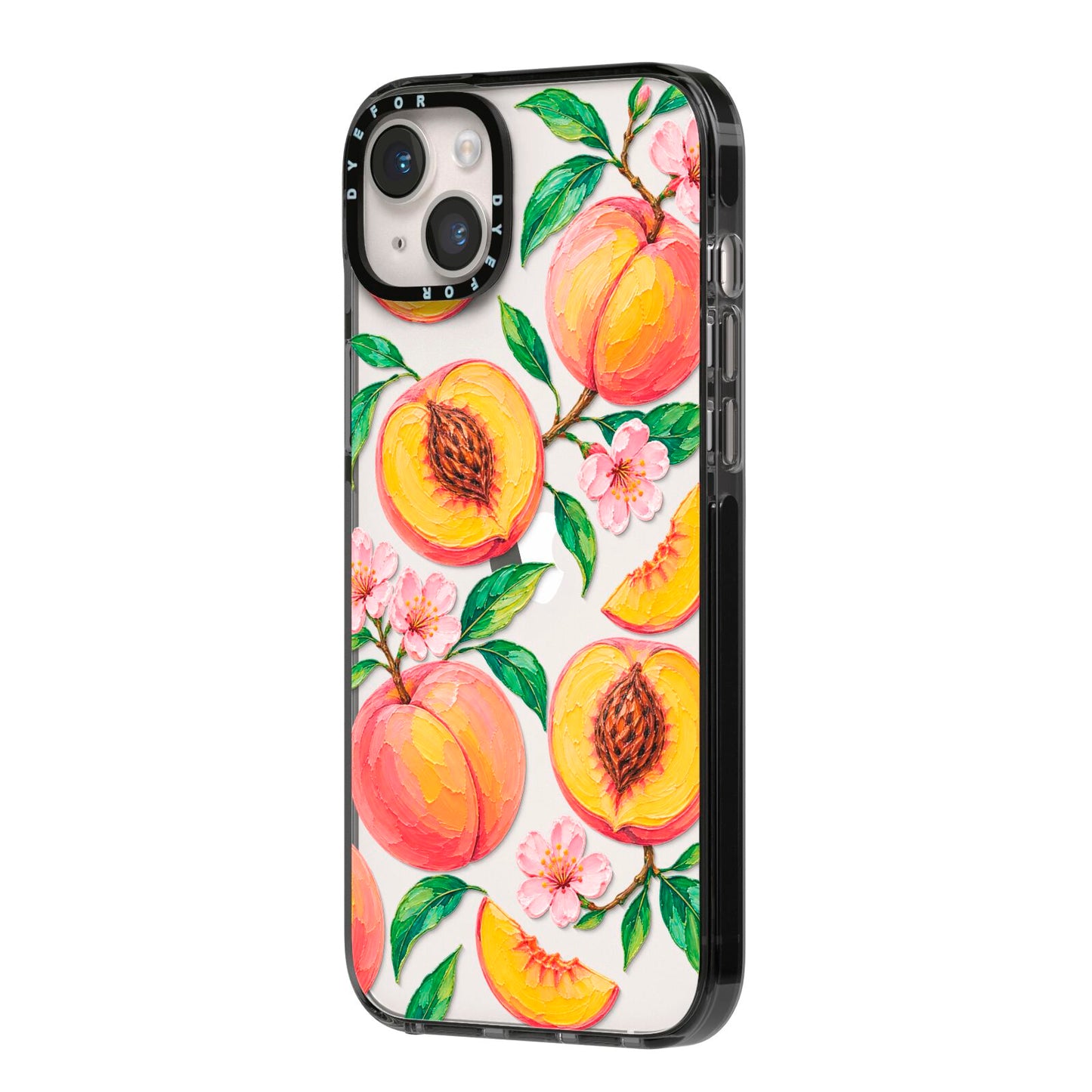 Peach Sorbet iPhone 14 Plus Black Impact Case Side Angle on Silver phone