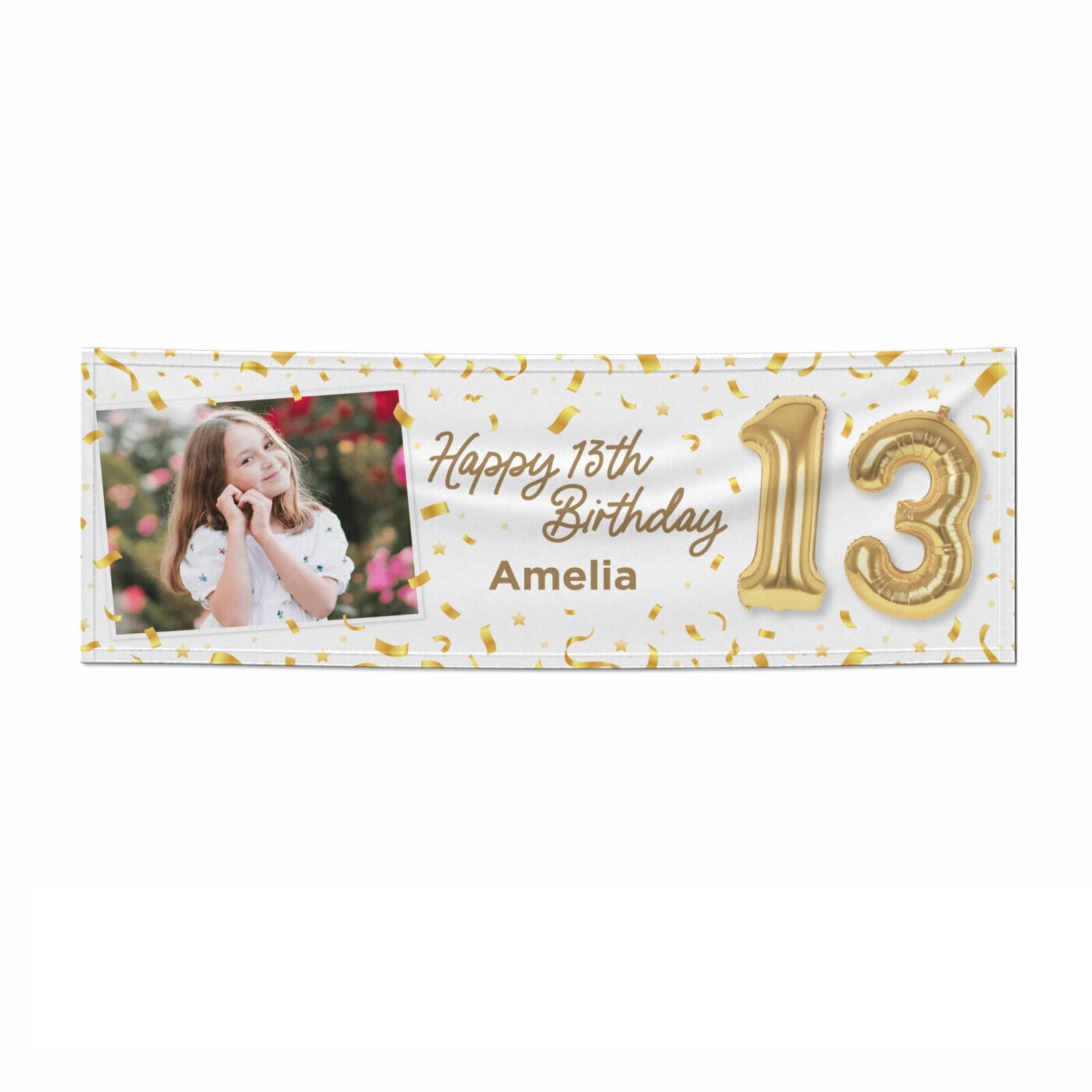 Personalised 13th Birthday Photo and Name Gold Balloon Celebration Design 3x1 Paper Banner