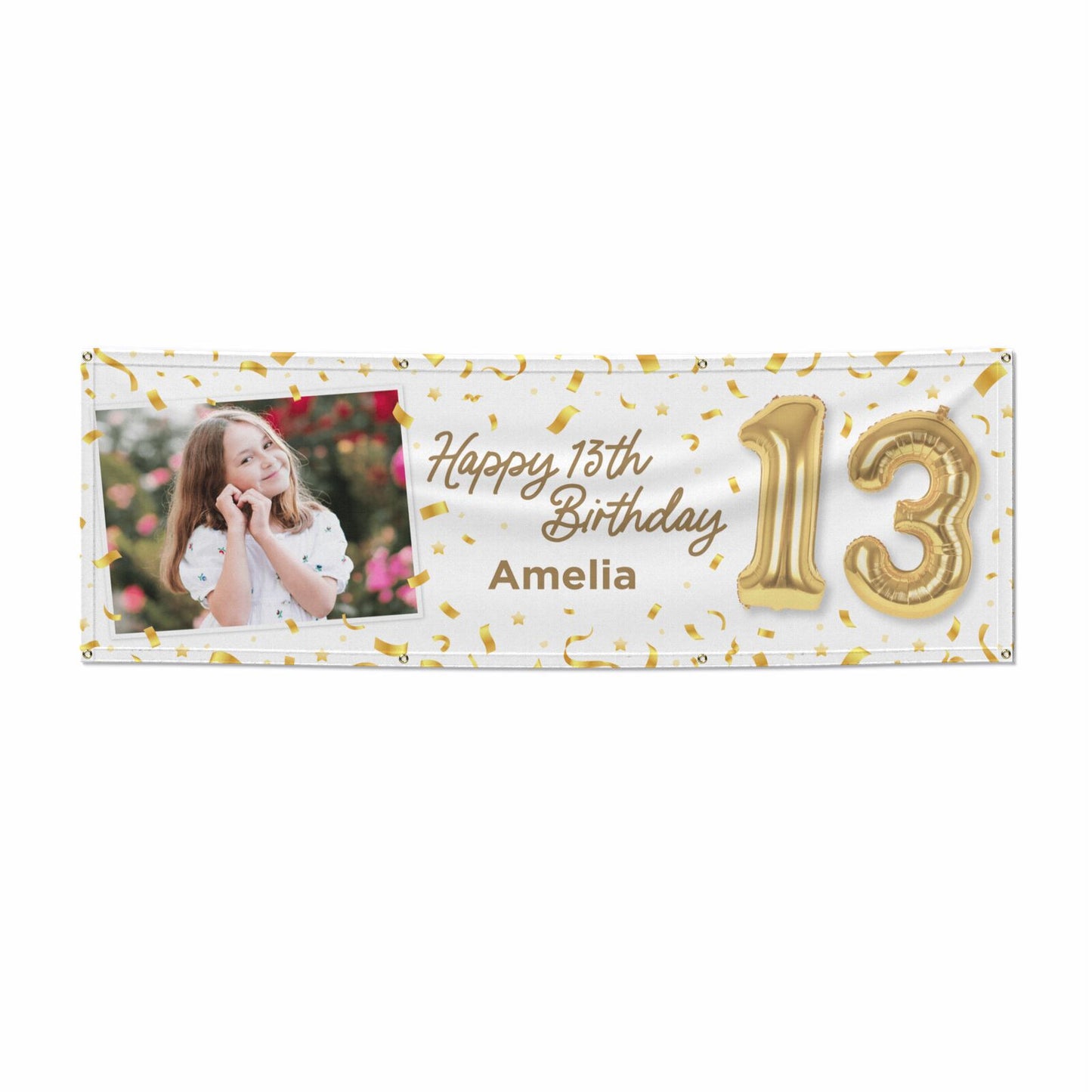 Personalised 13th Birthday Photo and Name Gold Balloon Celebration Design 6x2 Banner