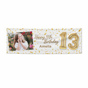 Personalised 13th Birthday Photo and Name Gold Balloon Celebration Design 6x2 Banner