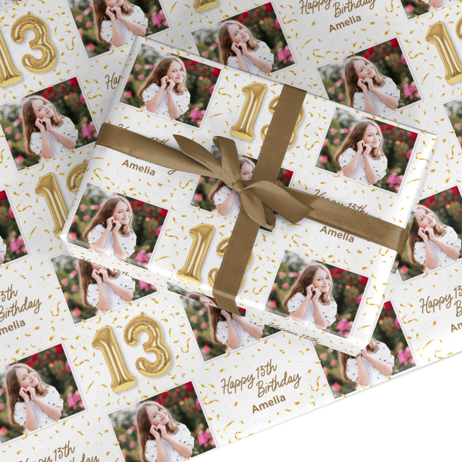 Personalised 13th Birthday Photo and Name Gold Balloon Celebration Design Custom Wrapping Paper