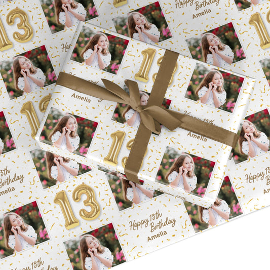 Personalised 13th Birthday Photo and Name Gold Balloon Celebration Design Custom Wrapping Paper