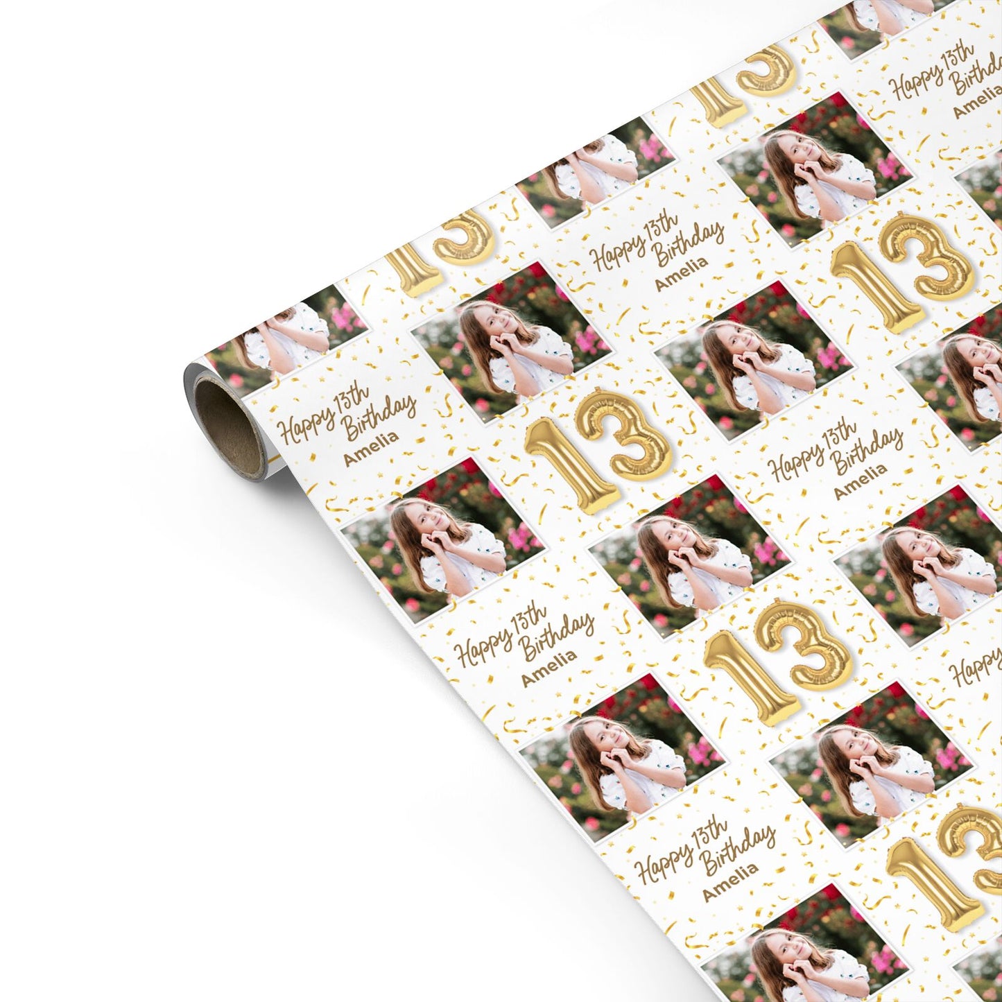 Personalised 13th Birthday Photo and Name Gold Balloon Celebration Design Personalised Gift Wrap