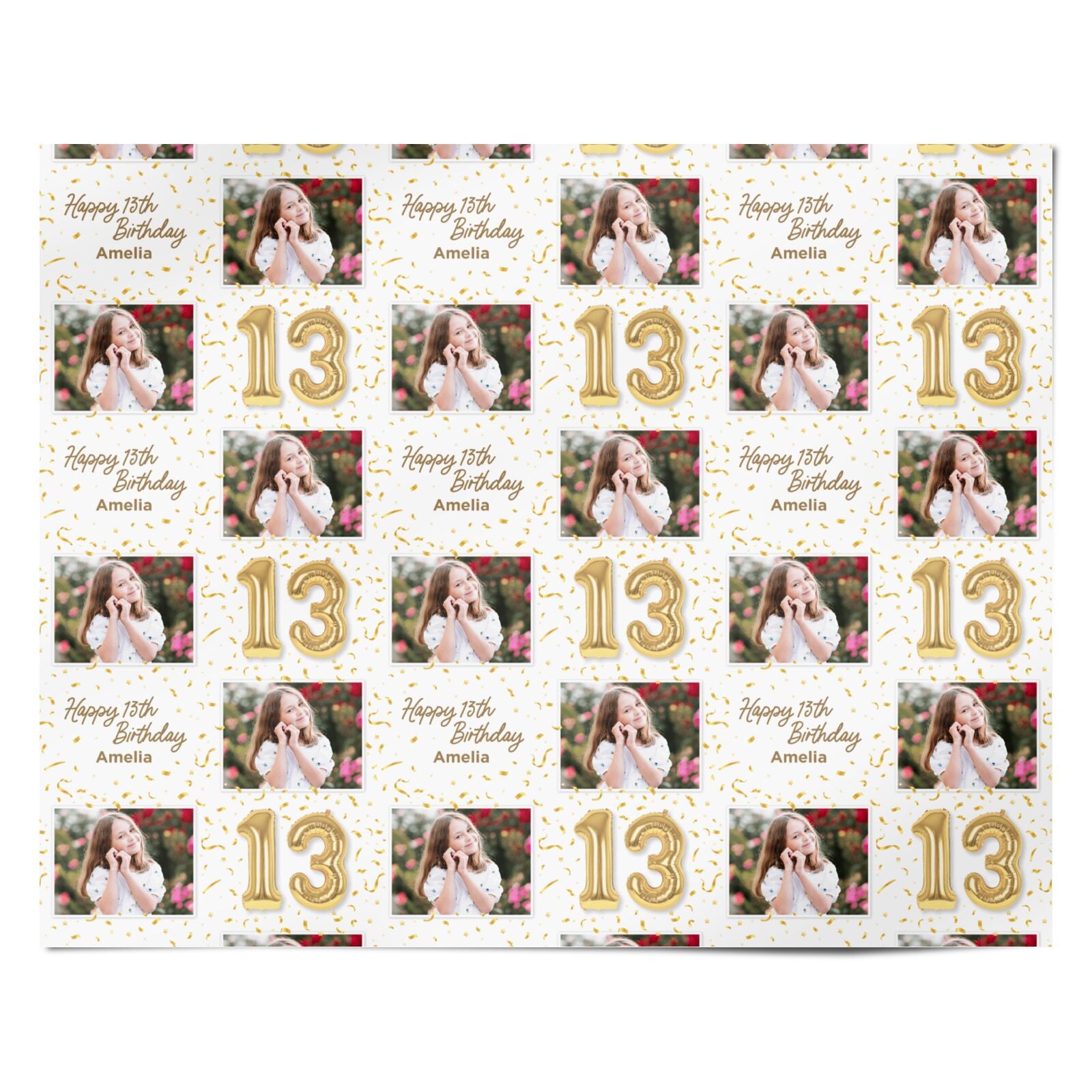 Personalised 13th Birthday Photo and Name Gold Balloon Celebration Design Personalised Wrapping Paper Alternative