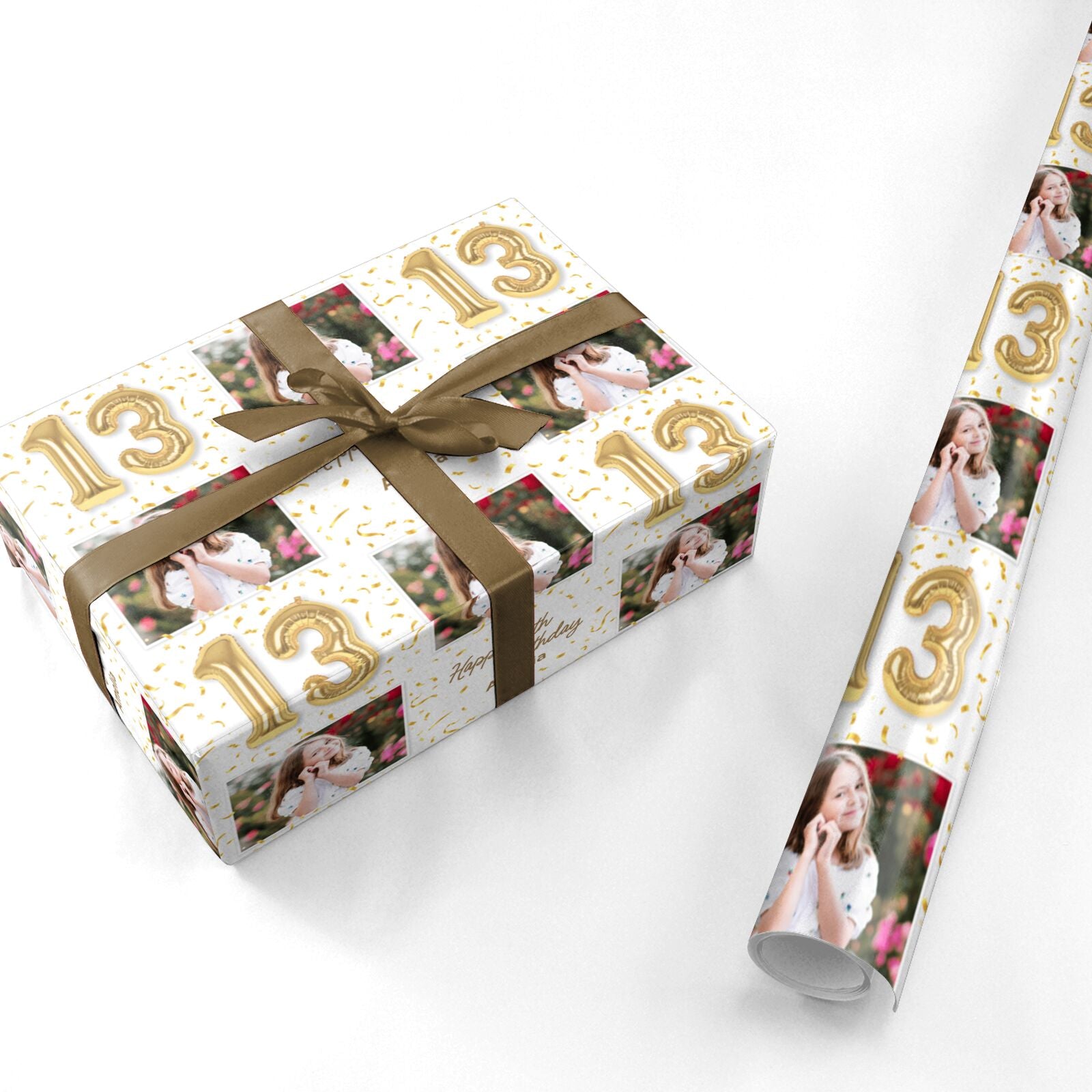 Personalised 13th Birthday Photo and Name Gold Balloon Celebration Design Personalised Wrapping Paper