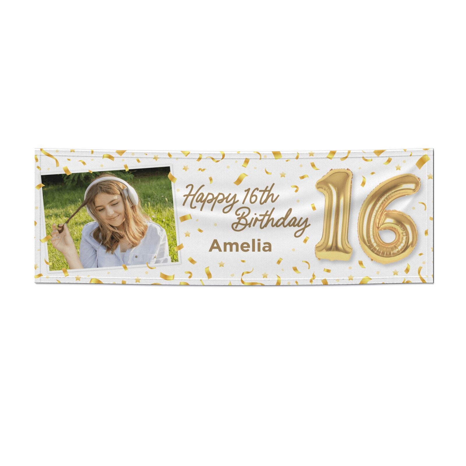 Personalised 16th Birthday Photo and Name Gold Balloon Celebration 3x1 Paper Banner