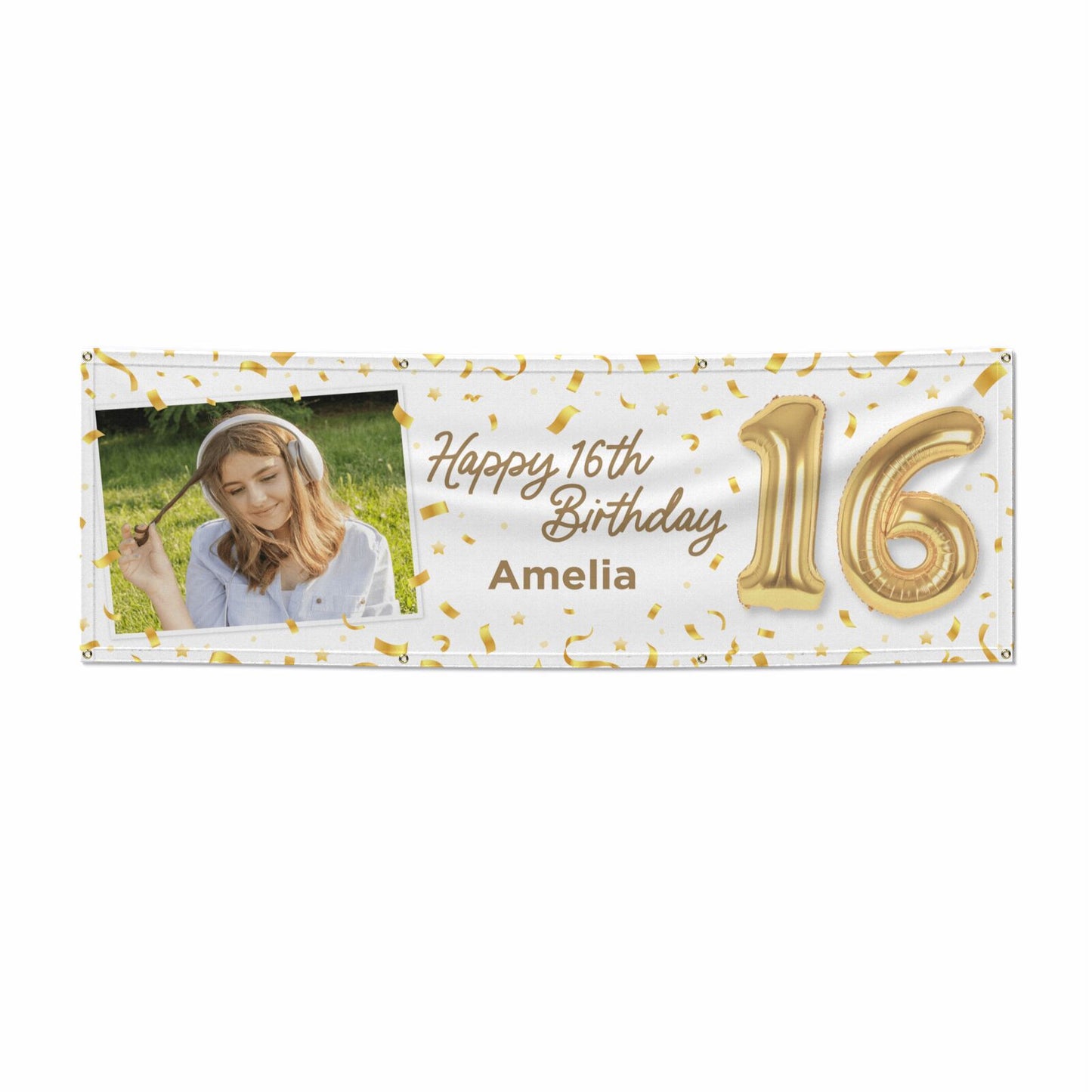 Personalised 16th Birthday Photo and Name Gold Balloon Celebration 6x2 Banner