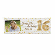 Personalised 16th Birthday Photo and Name Gold Balloon Celebration 6x2 Banner