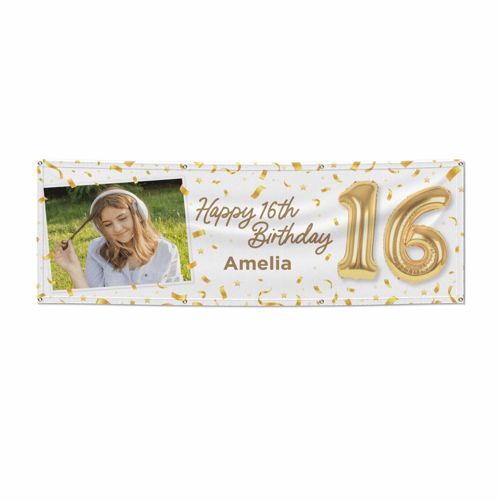 Personalised 16th Birthday Photo and Name Gold Balloon Celebration 6x2 Banner