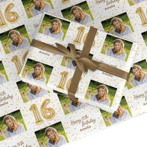 Personalised 16th Birthday Photo and Name Gold Balloon Celebration Wrapping Paper