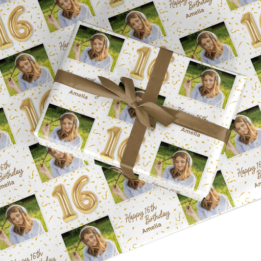 Personalised 16th Birthday Photo and Name Gold Balloon Celebration Custom Wrapping Paper