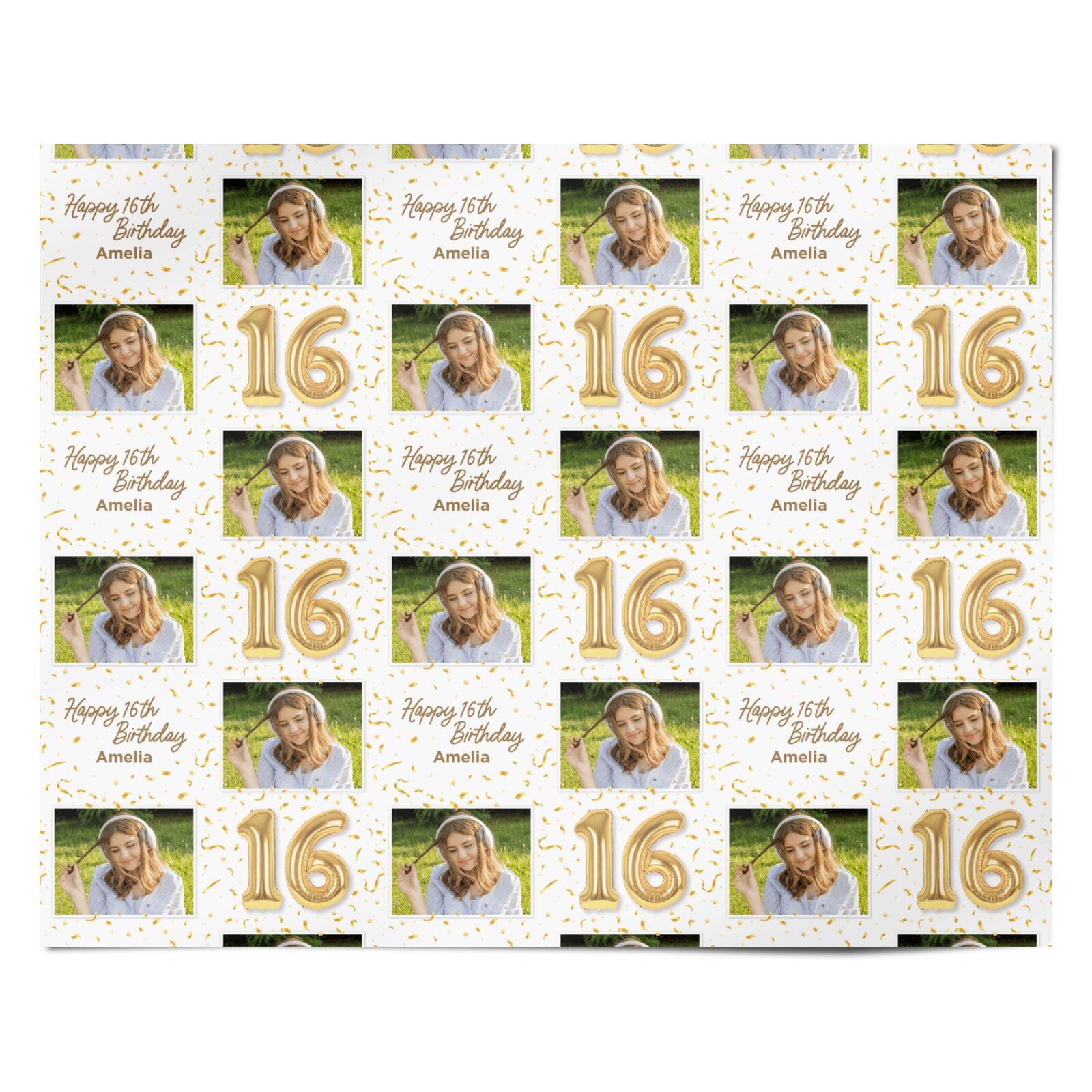 Personalised 16th Birthday Photo and Name Gold Balloon Celebration Personalised Wrapping Paper Alternative