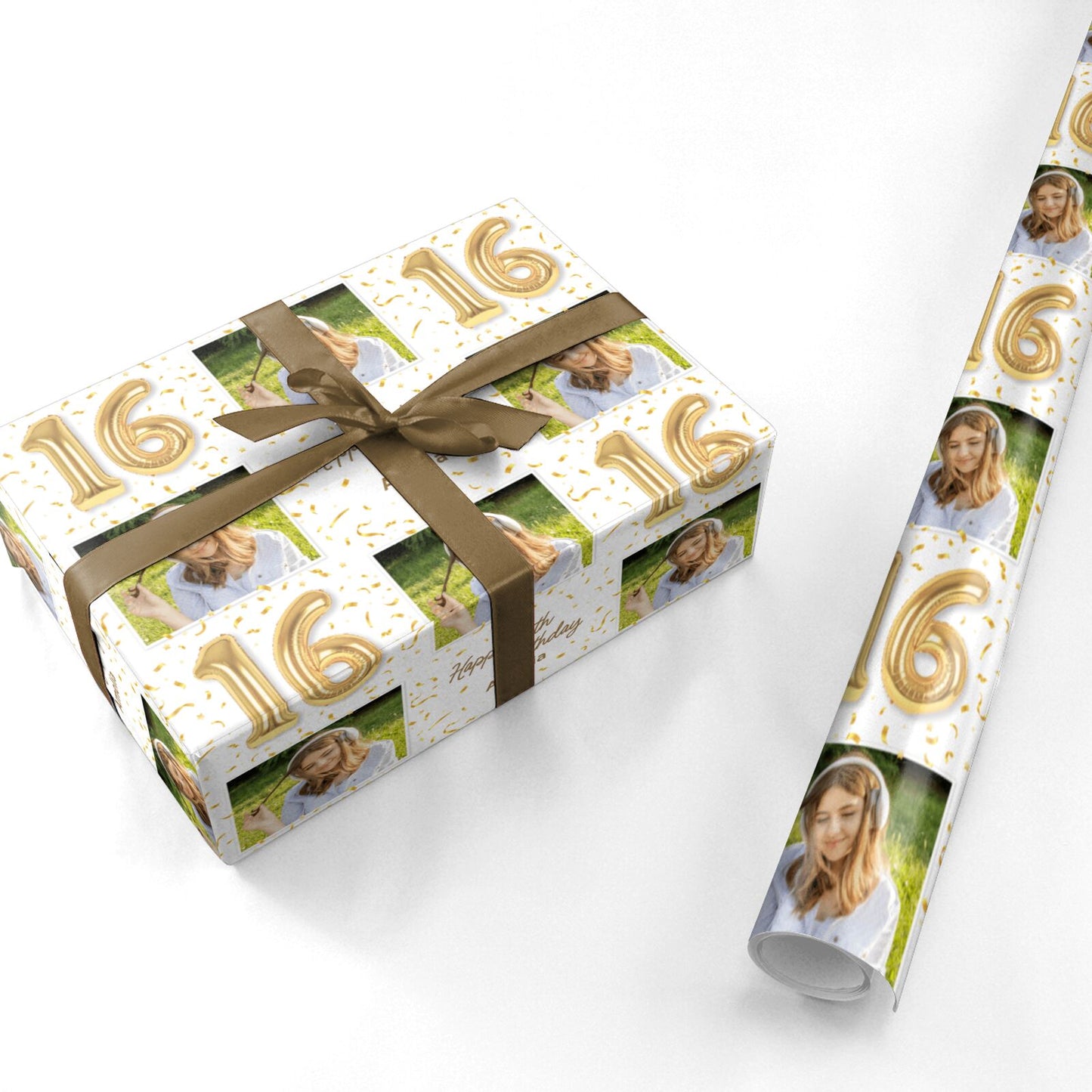 Personalised 16th Birthday Photo and Name Gold Balloon Celebration Personalised Wrapping Paper