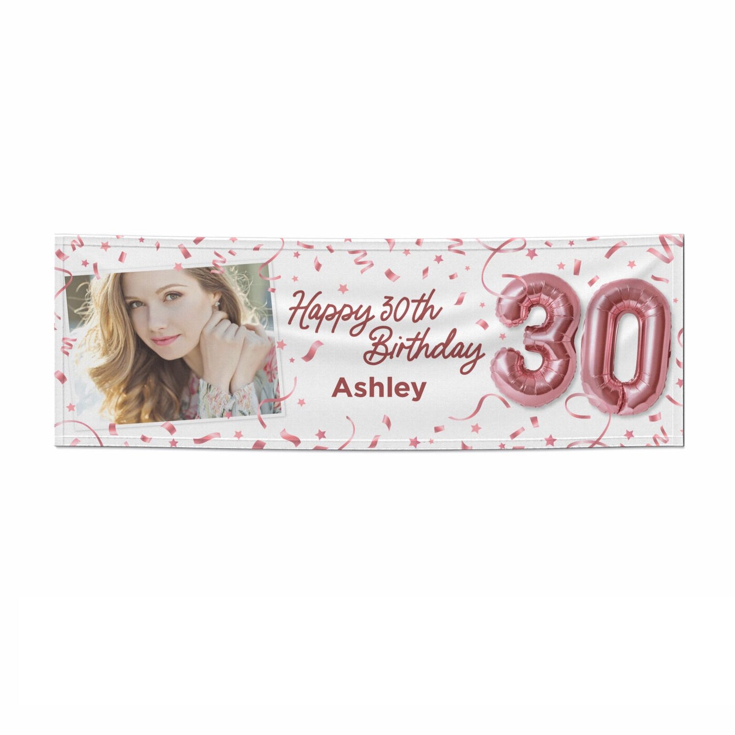 Personalised 30th Birthday Photo Rose Gold Balloons 3x1 Paper Banner