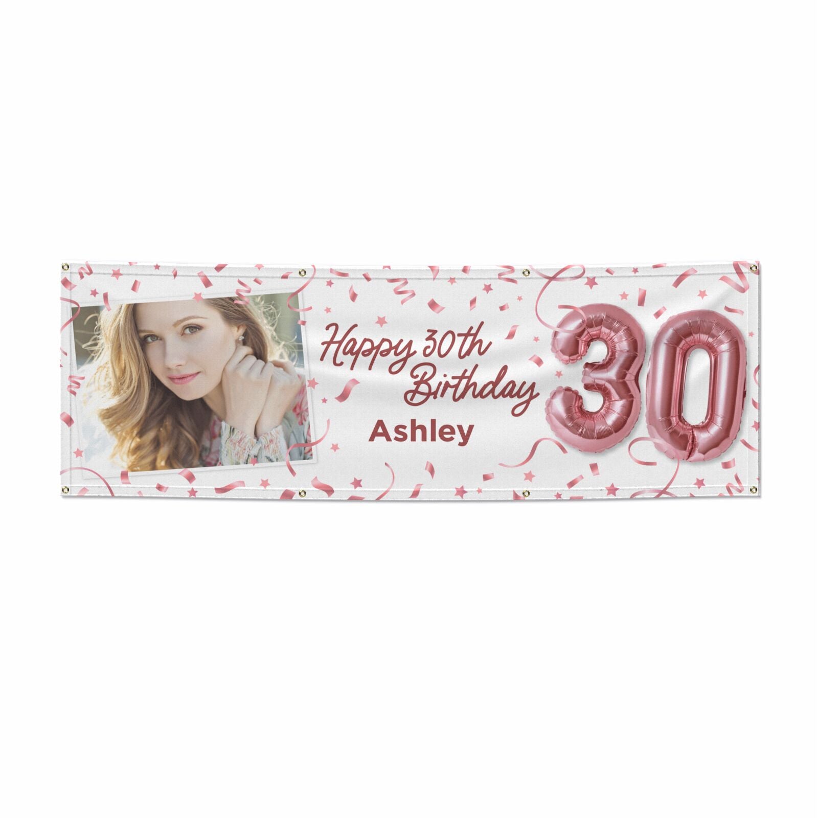 Personalised 30th Birthday Photo Rose Gold Balloons 6x2 Banner
