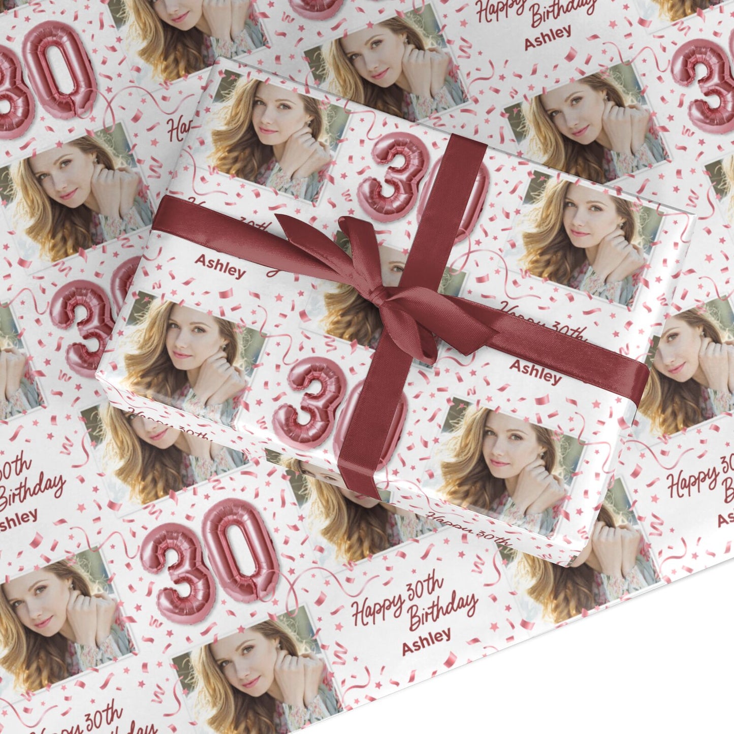Personalised 30th Birthday Photo Rose Gold Balloons Custom Wrapping Paper