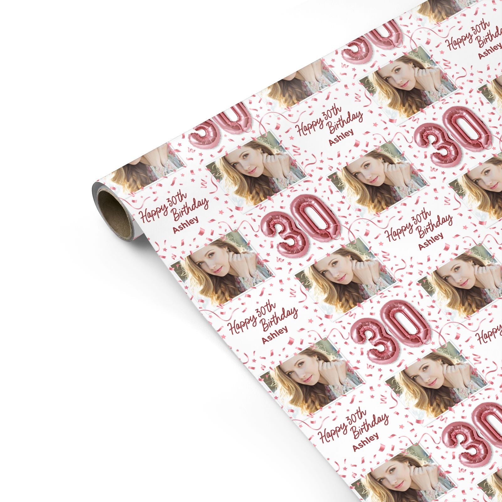 Personalised 30th Birthday Photo Rose Gold Balloons Personalised Gift Wrap