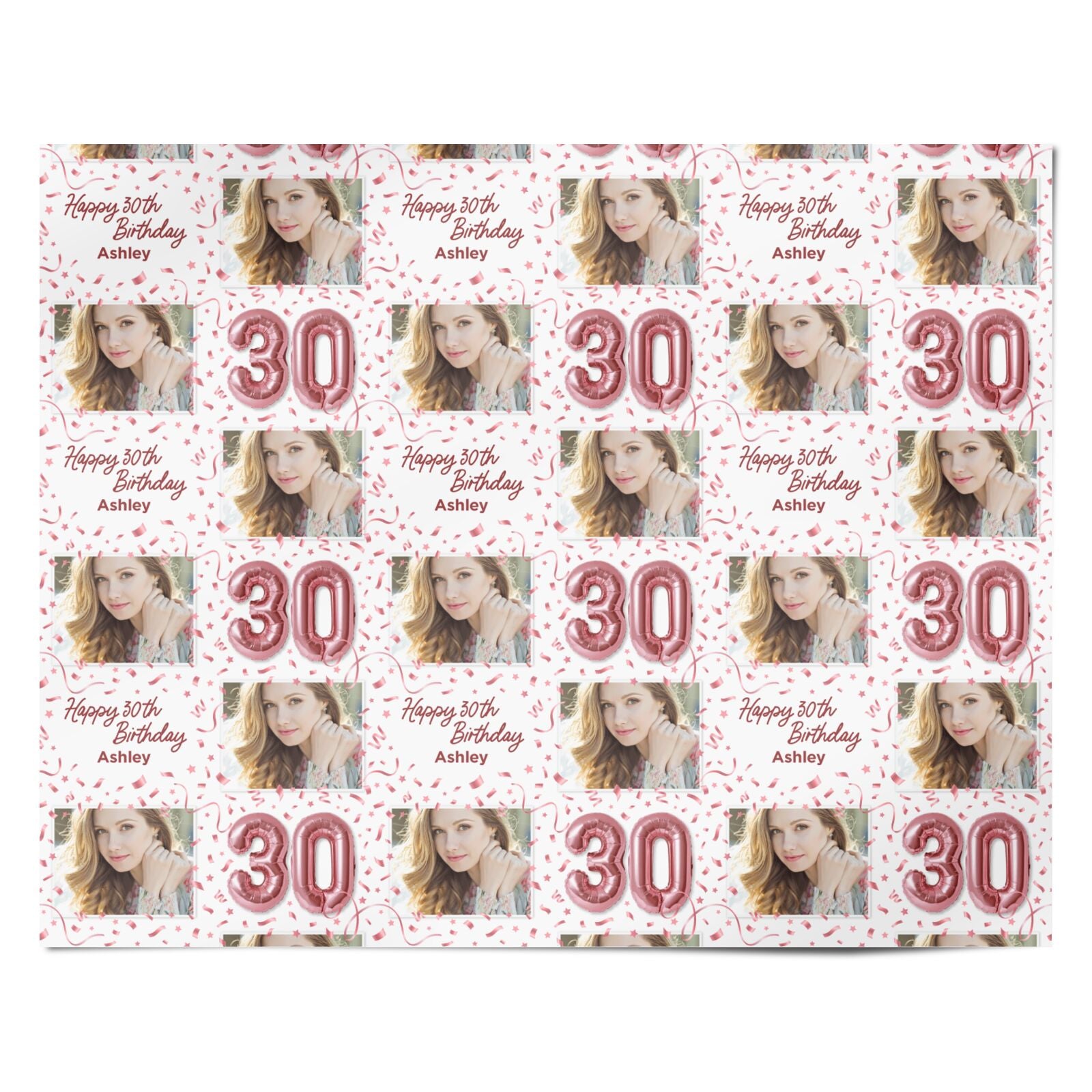 Personalised 30th Birthday Photo Rose Gold Balloons Personalised Wrapping Paper Alternative